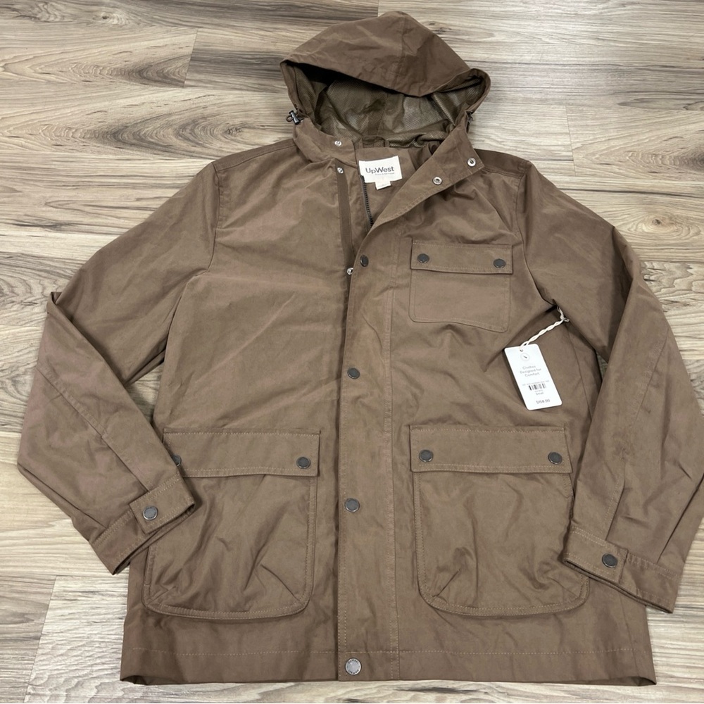 UpWest Utility Jacket Hood Full Zip Snap Brown Mens Small $158 NWT